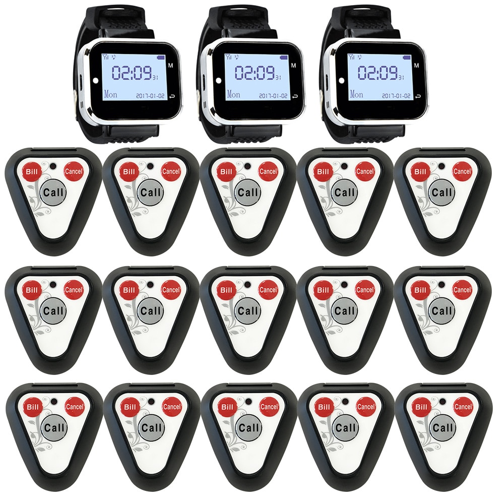 JINGLE BELLS Wireless Calling System 15 Buttons Transmitter 3 Watch Pager For Restaurant Equipment for Hotel, Cafe, Spa