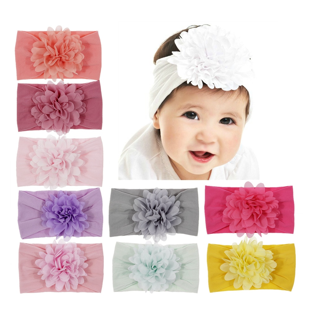 New Baby Girl Big Chiffon Flower Headband Children Turban Headwear Stretchy Nylon Flower Wide Hair Band Accessories