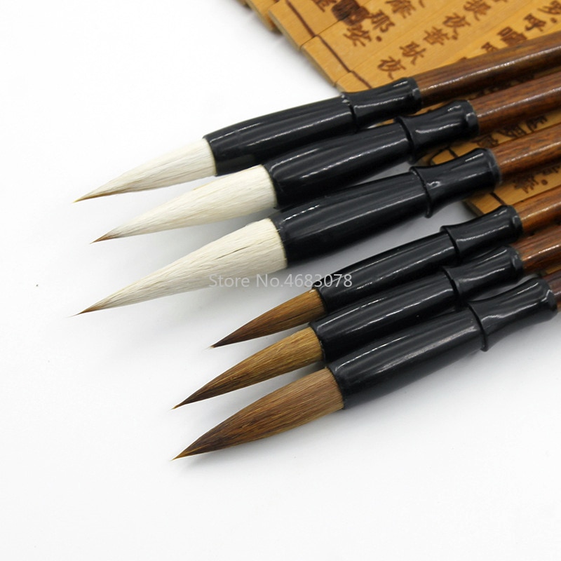 6PCS White woolen brush/Brown Weasel Wool Hair Chinese Japanese Calligraphy Brush Pen Set Art for Office School Darwing Supplies