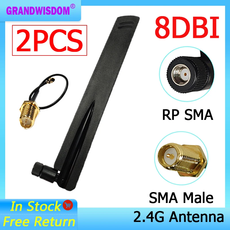 GRANDWISDOM 2pcs 2.4g antenna 8dbi sma female wlan wifi 2.4ghz antene IPX ipex 1 SMA male pigtail Extension Cable module antena