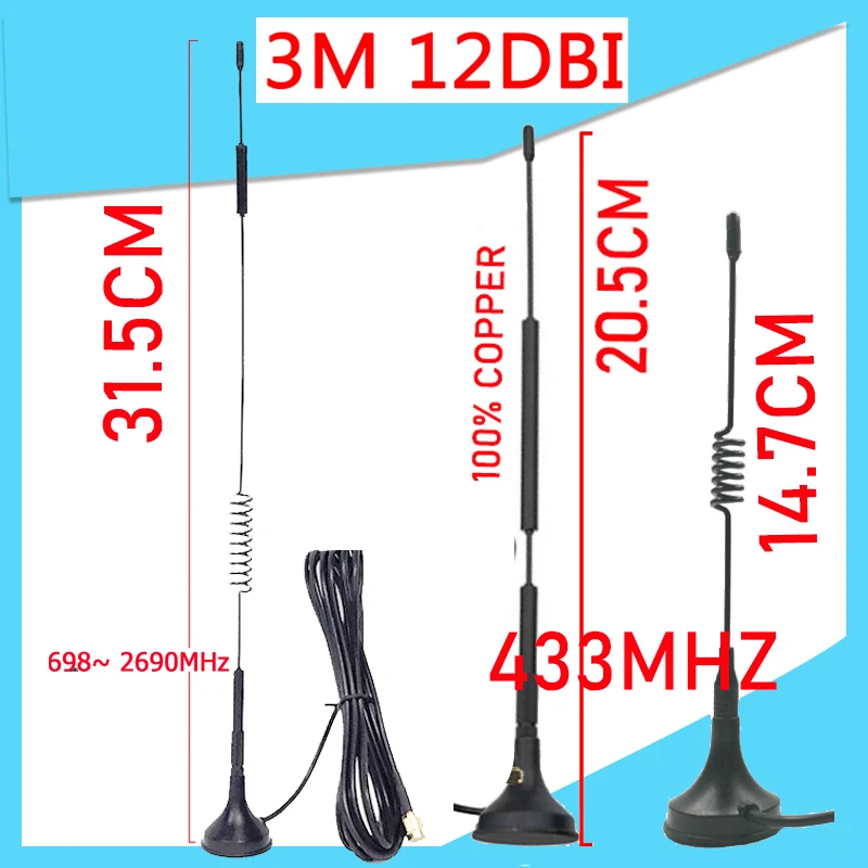 12dbi 5dbi 433Mhz car Antenna lora 4G 698~ 2690MHz antena SMA Male Connector Magnetic base IOT Signal Booster Wireless Repeater