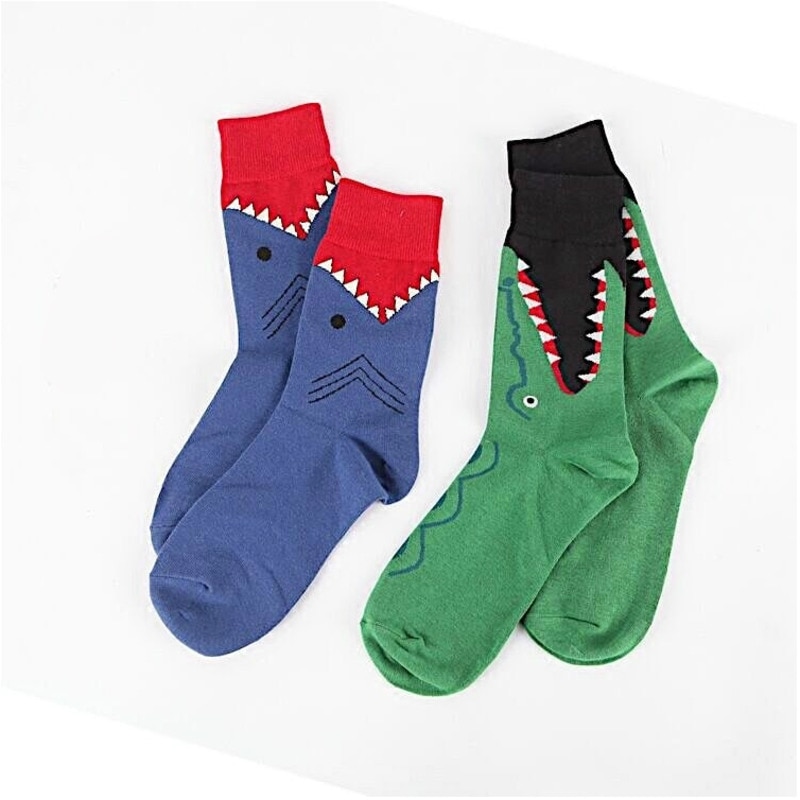 men Socks Hipster Cartoon Shark Animal Print Funny Vintage Streetwear Harajuku Hip Hop Female Cotton Hosiery Autumn