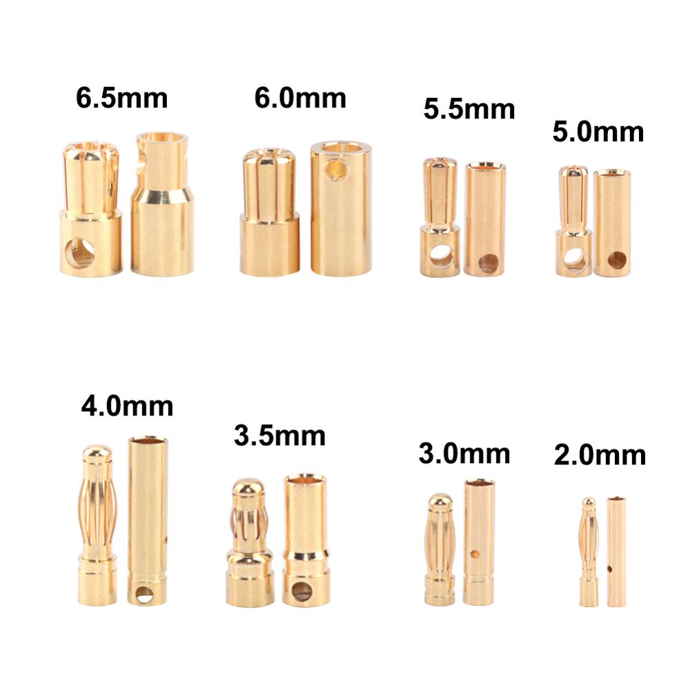 50 pairs Bullet Connector Plug 2.0/3.0/3.5/4.0/5.5/6.0/6.5mm Battery Connector Green Gold Plated Stereo Plug Banana Head