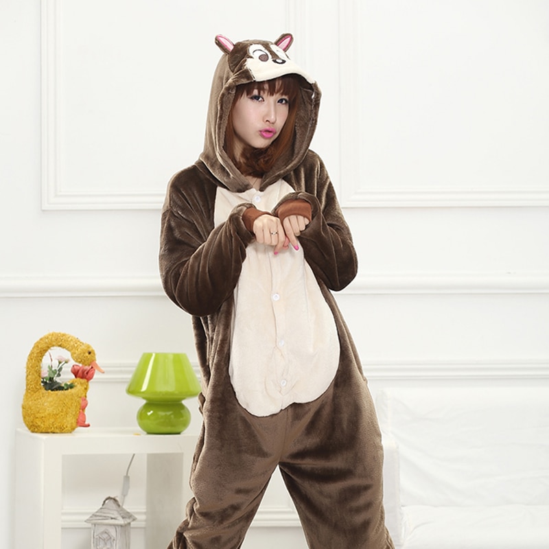 Adult Animal Squirrel Kigurumi Onesies Costume Women Men Cute Cartoon Anime Pajamas Onepieces Sleepwear Hooded Home Cloths Girl