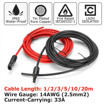 2.5mm 14 AWG KINCO 1 Pair Solar Panel Extension Cable Copper Wire Black and Red with for Connector Solar PV Cable