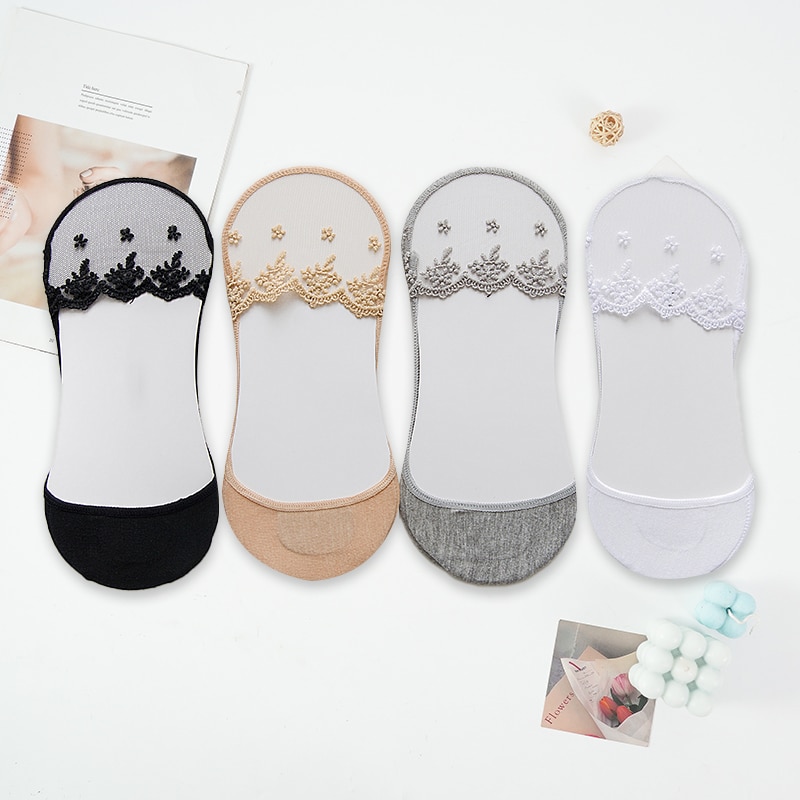 3 Pairs Fashion Women Girls Summer Socks Style Lace Flower Short Sock Antiskid Invisible Ankle Socks 2020 New 4 colors