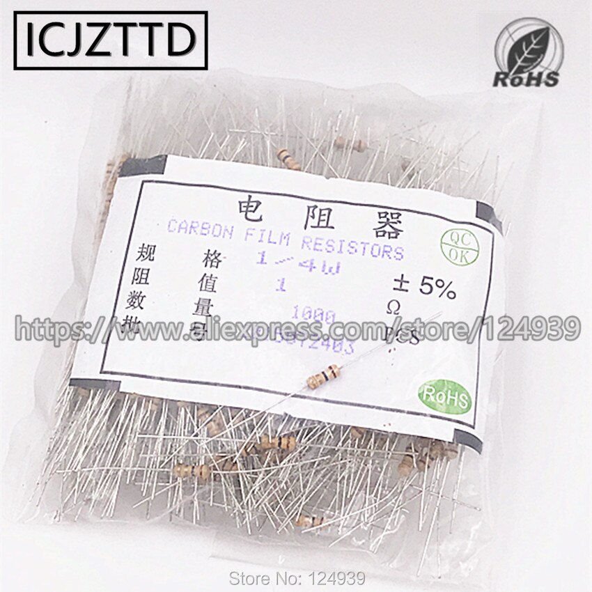 1000PCS/BAG 0.25W 5% 1/4W Carbon Film 0R 1.2R 1.5R 1.8R 2R 2.2R 2.4R 2.7R 3R 3.3R 3.6R 3.9R 4.3R 4.7R 5.1R 5.6R 6.2R 6.8R 7.5R