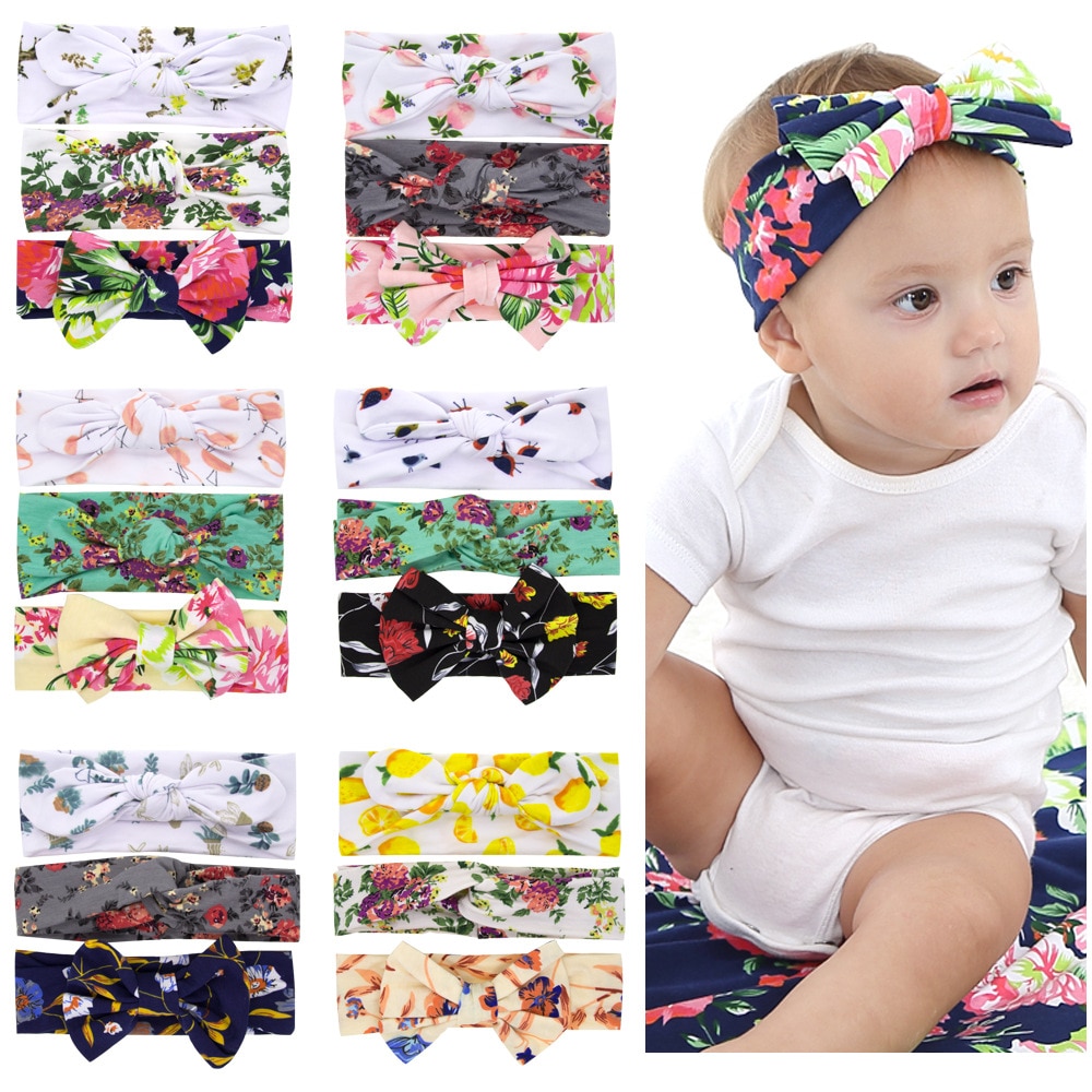 New 3pcs/lot Baby Girls Printed Flower Ear Knot Headband Cross Bows Headwraps Children Kids Princess Hair Accessories Gifts Set
