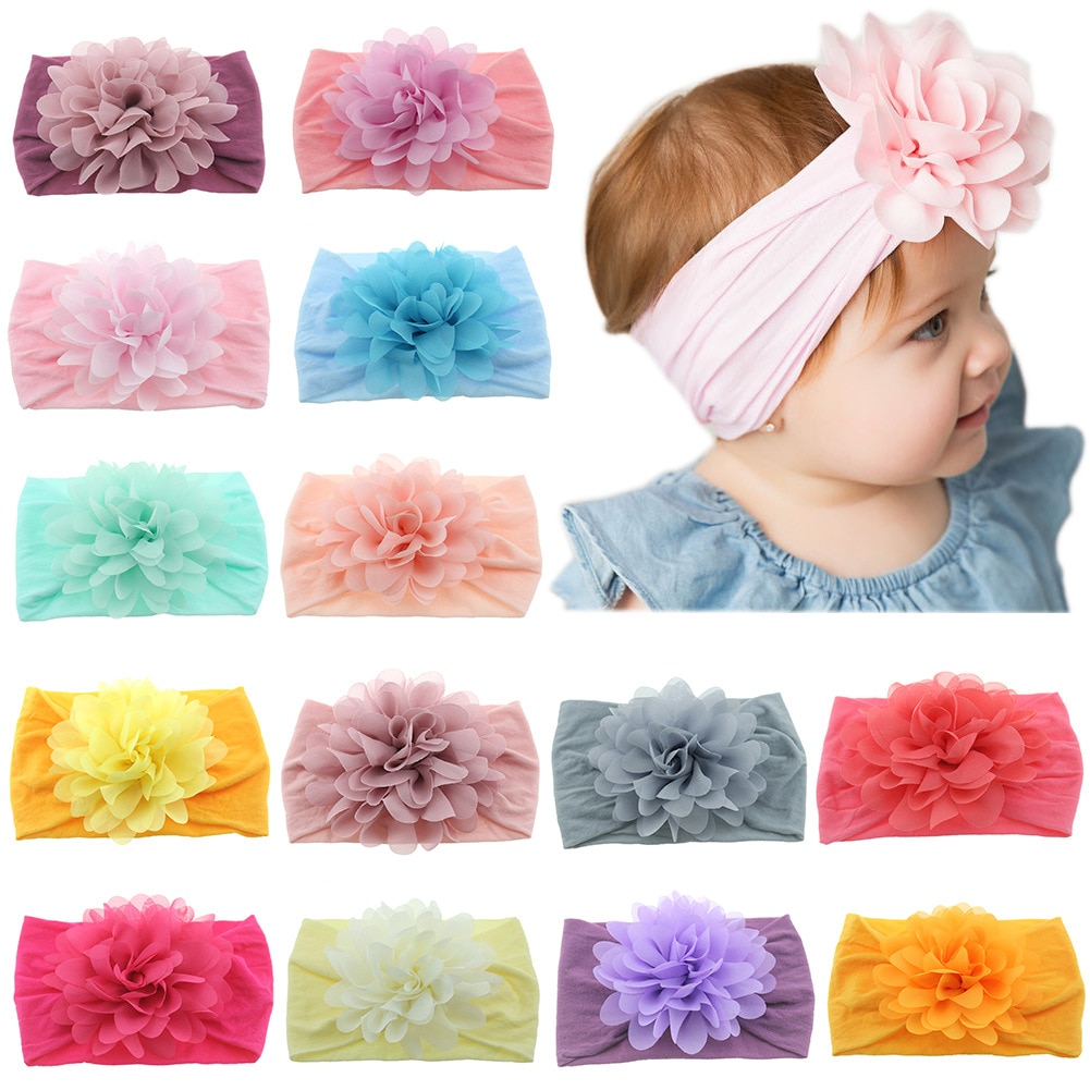 Yundfly Cute Soft Stretch Chiffon Flower Baby Headband Newborn Knot Wide Nylon Headwraps Infant Girls Headwear Photo Props