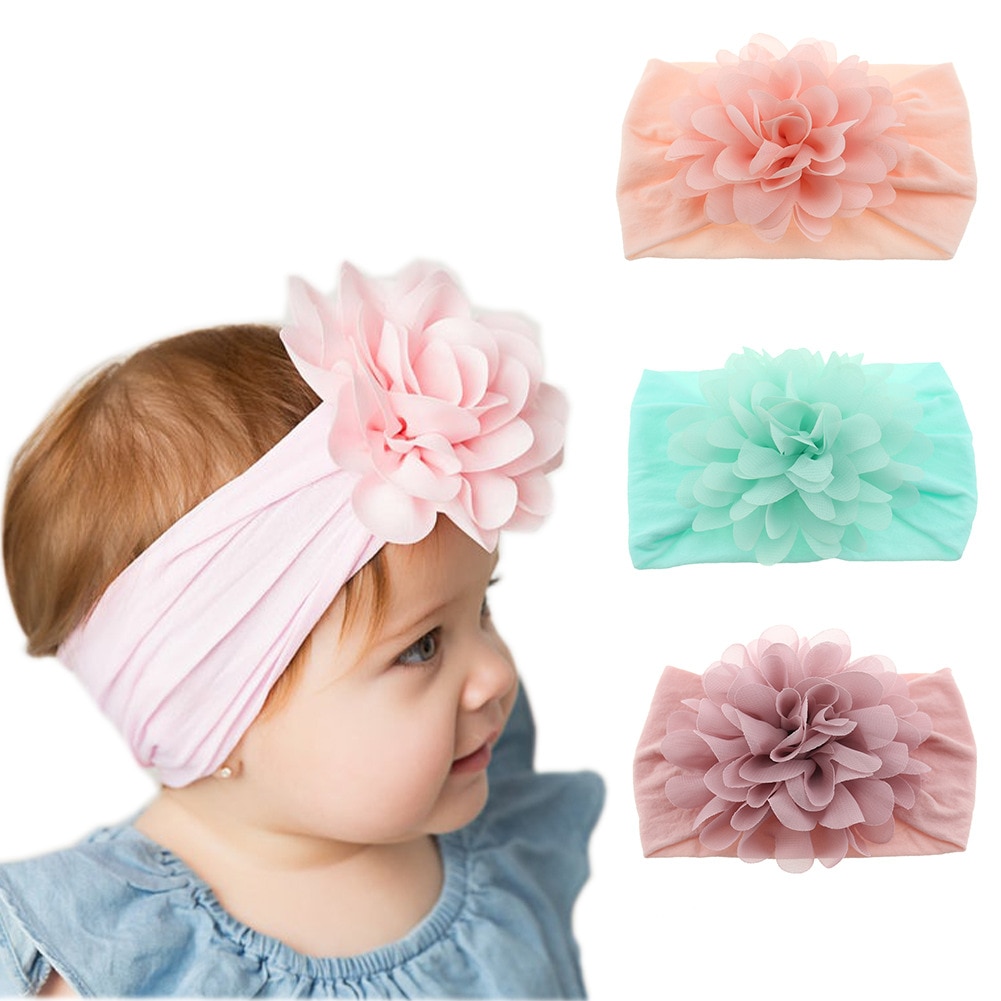 New Cute Soft Stretch Chiffon Flower Baby Headband Newborn Knot Wide Nylon Headwraps Infant Girls Headwear Photo Props
