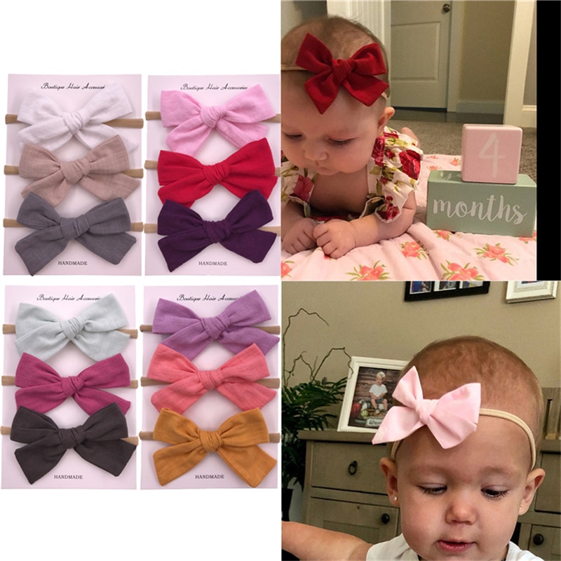 Set of 3 PCS Cotton Fabric Bow Nylon Headbands Newborn Toddler Baby Girls Elastic Hairbands Hair Bow Accessories Headwear