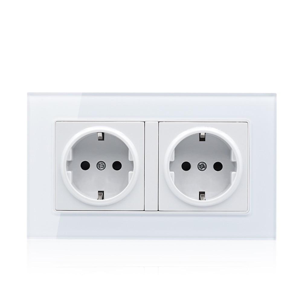 Wall Crystal Glass Panel Power Germany Socket Grounded 16a Eu Standard Electrical Black Double Outlet 146mm * 86mm