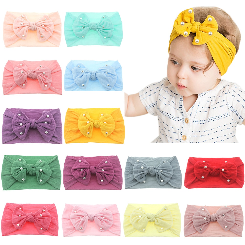 Yundfly Newborn Toddler Baby Girls Head Wrap Hair Bows with Pearl Knot Turban Headband Hair Accessories Birthday Gifts for 0-3Y