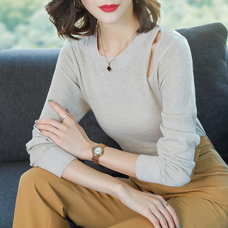 Korean Spring Pullover Sweater Female Sweet Solid Color Hollow Bottom Jumper Top Women Slim V-neck Long Sleeve Sweaters H9361