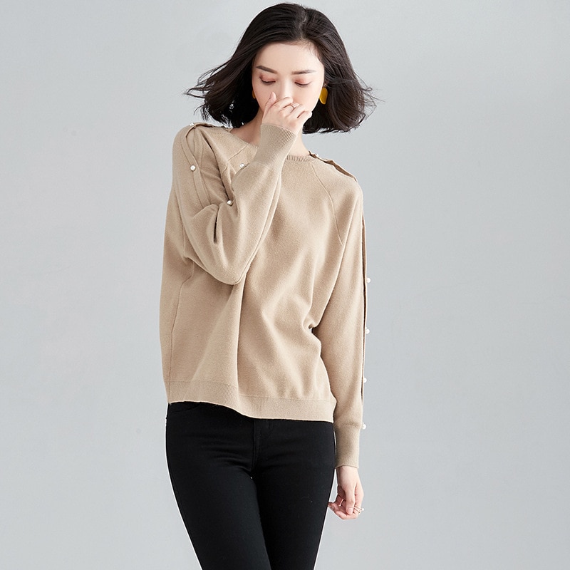 Nail Pearl Autumn Winter Pullover Sweater Women's Pure Color Loose Knitted Bottom Sweaters Long Sleeve Round Collar Tops H9
