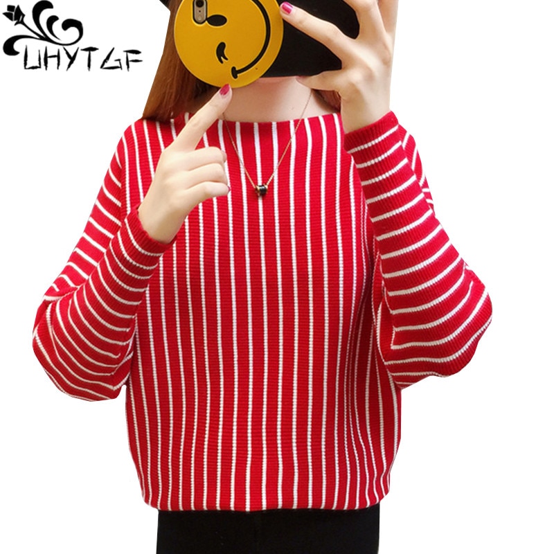 UHYTGF Women's Knitted Sweaters Fashion Striped Bat Sleeves Spring Autumn Sweater Women Loose Big Size Top Thin Short Coat 