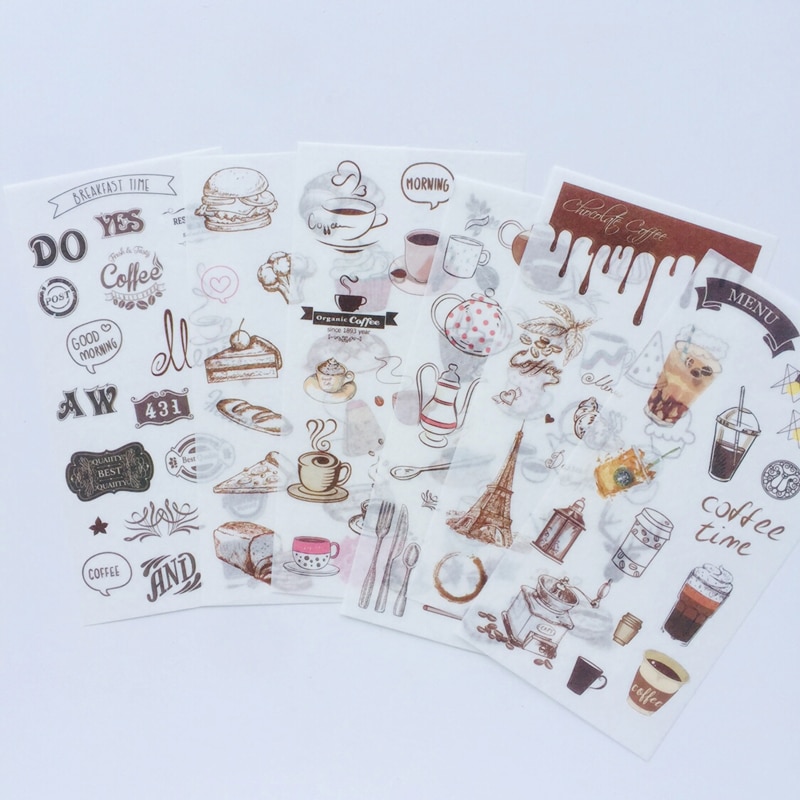 6 Sheets /Pack Coffee House Washi Paper Decorative Stickers Hand Account Decor