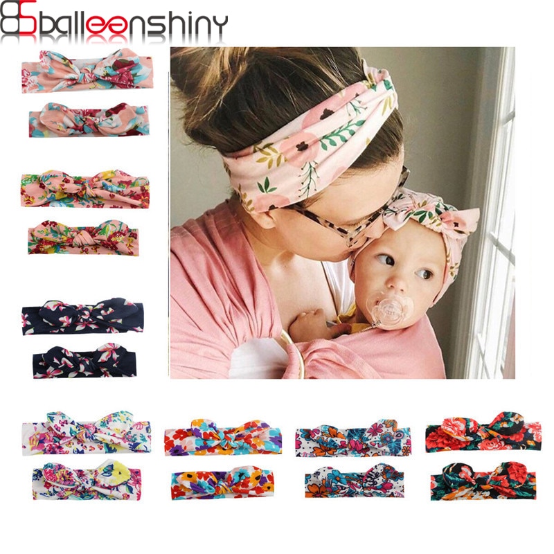 BalleenShiny 2 Pcs Mom&Child Headband Flowers Bowknots Head Accessories Toddler Kids Soft Elastic Headwear Family Photo Prop