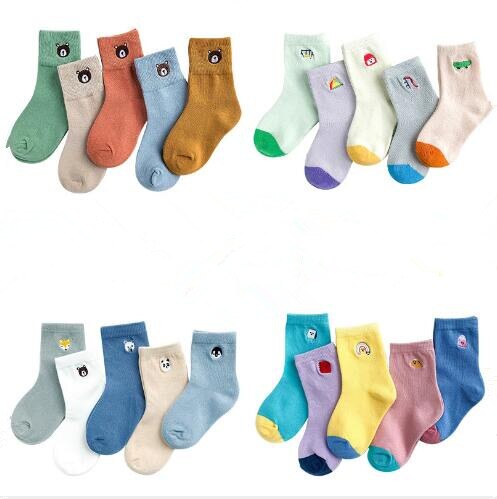 5Pairs Pack Children's kids socks 1-12Year manufacturers wholesale autumn and winter embroidery striped cartoon baby socks