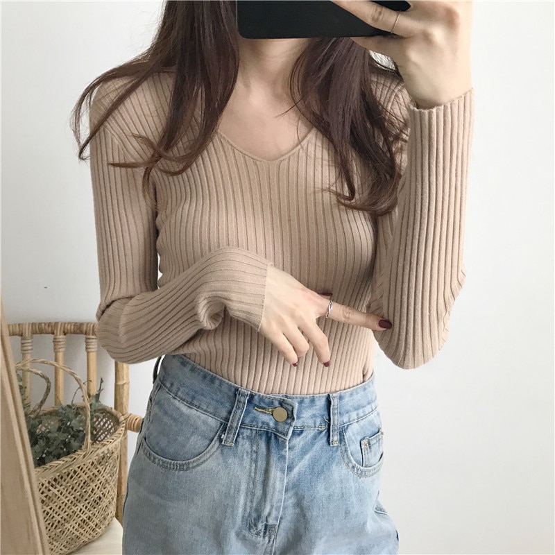 Lady V-neck Autumn Winter Shirts Pullovers Hot Sale Solid Color Knnited Sweaters Slim Tight Knitted Tops Femme 068