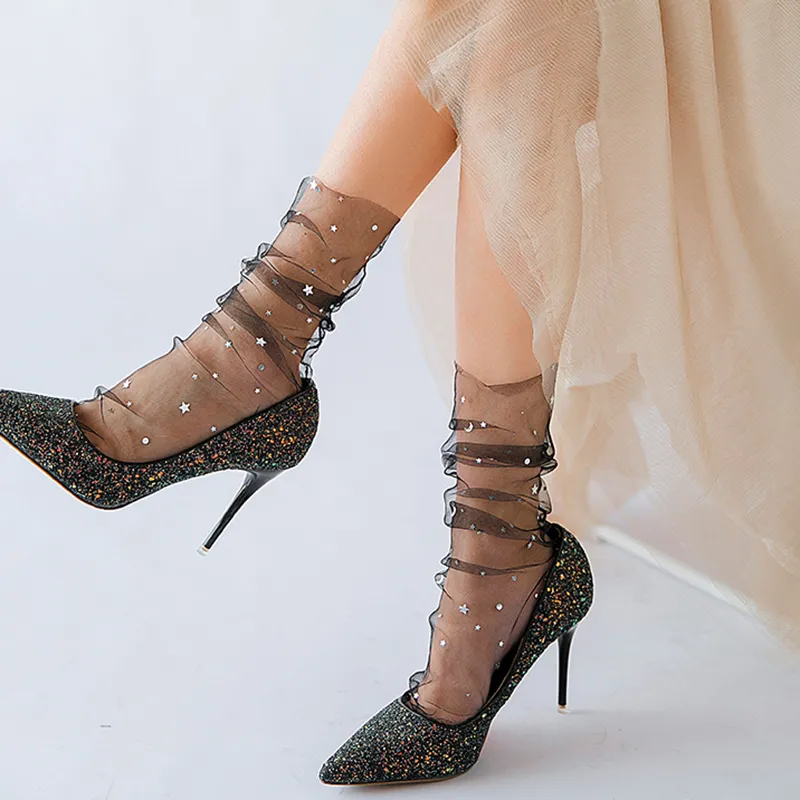 Fashion Star Moon Tulle Socks Women Transparent Woman Socks Female Ultra-thin Chiffion Socks Long Dress Streetwear calcetines