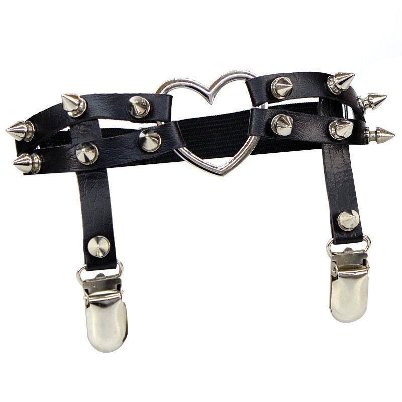Sexy Rock Pub Punk Garter Belt Rivets Leg Ring Thigh Harness Heart Black PU Leather Vintage Suspenders Women Girls Body Jewelry