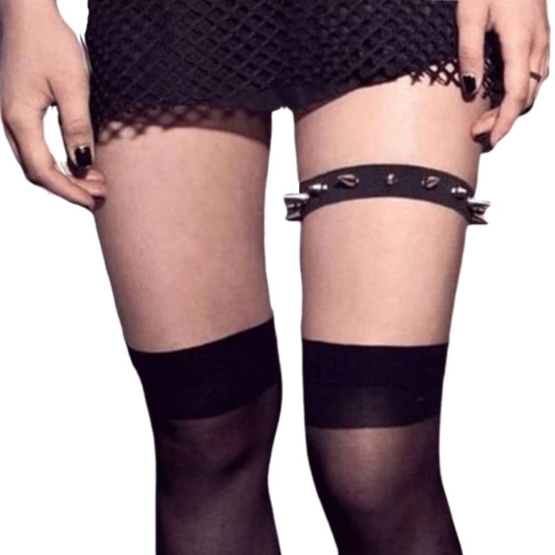 Gothic Punk Womens Sexy Faux Leather Leg Garter Belt Spiked Rivet Stud Elastic Thigh Ring Lingerie Adjustable Suspender Costume