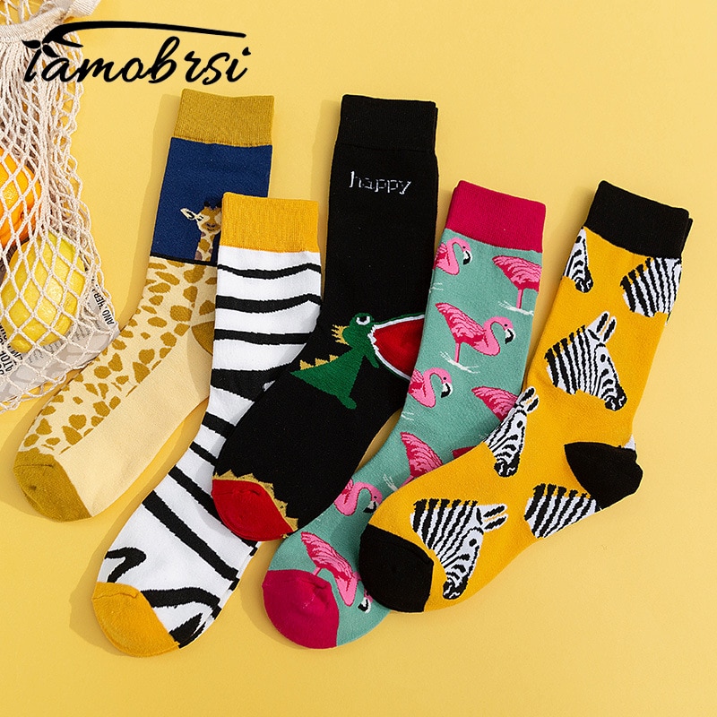 Zebra Flamingo Giraffe Dinosaur Animal Socks Streetwear Funny Cartoon Pattern Novelty Cotton Warm Short Happy Women Men Socks