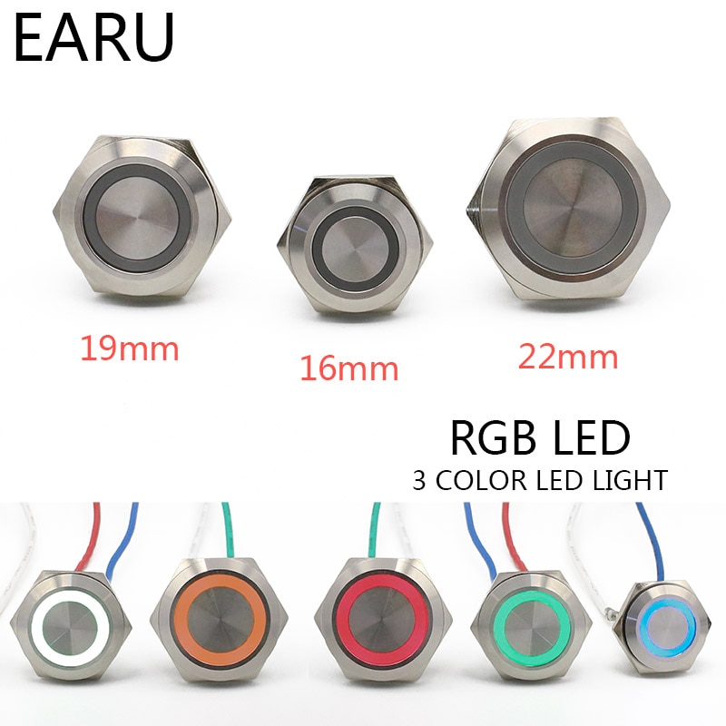 16/19/22mm 3 Triple Color RGB LED Light Mirco Switch Short Stroke Momentary Self-reset Waterproof Metal Push Button Switch Power
