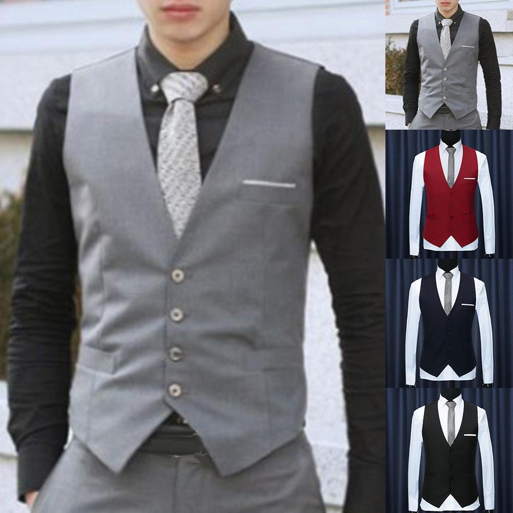 4 Colors Men's Business Casual Slim Vests Fashion Men Solid Color Single Buttons Vests Fit Male Suit For Men Spring Autumn 