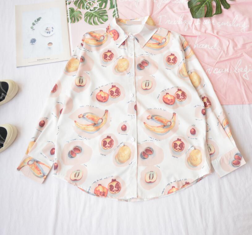 Fashion New Design Women Chiffon Long Sleeve Loose Cute Fruit Print Loose Shirt