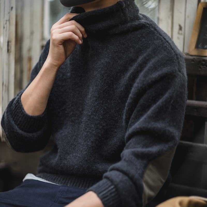 Maden Men's Vintage Warm Soft Mohair Turtleneck Sweater Green Grey Long Sleeve Sweater With Elbow Patch