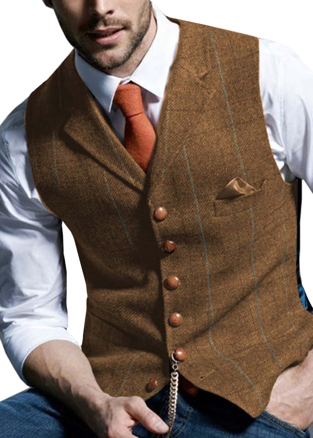 Green Men's Plaid Vest Tweed Wool Waistcoat Slim Fit Lapel Plaid Suit Vest Casual Groomsmen Tuxedo For Wedding,2023 New