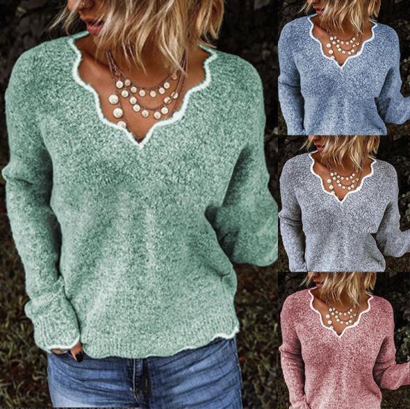 New Women Autumn Winter Knitted Sweater V-Neck Solid Color Pullover Long Sleeve Casual Tops Jumper Skin-Friendly And Comfortable