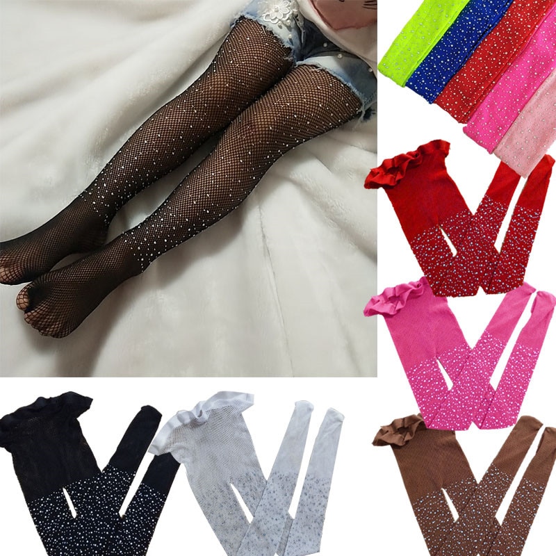 pudcoco Toddler Girls Lovely Fishnet Hollow Bling Tights Children Stretch Elastic Mesh Crystals Tights Stockings Solid Pantyhose