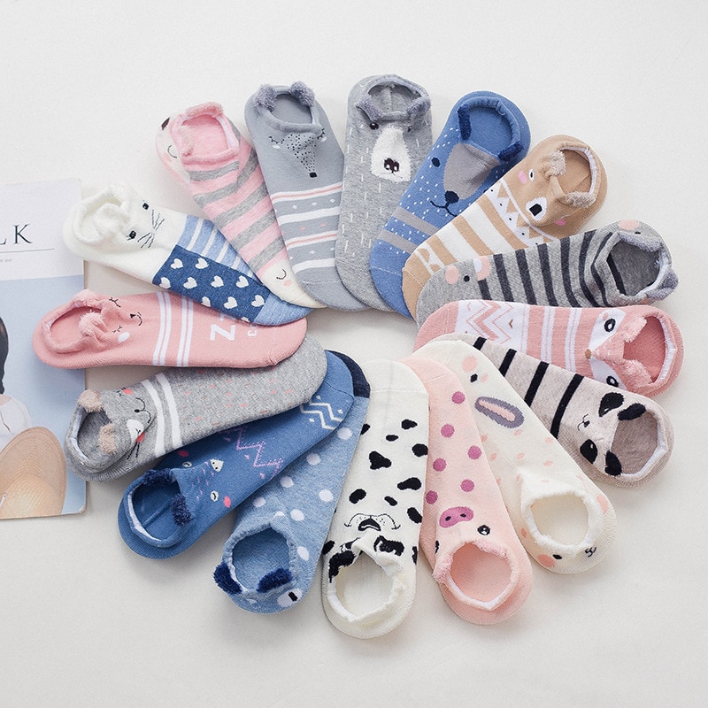 Kawaii pink Harajuku stereo cartoon animal socks ladies cotton invisible socks cat dog koala bear pig deer funny ladies socks.
