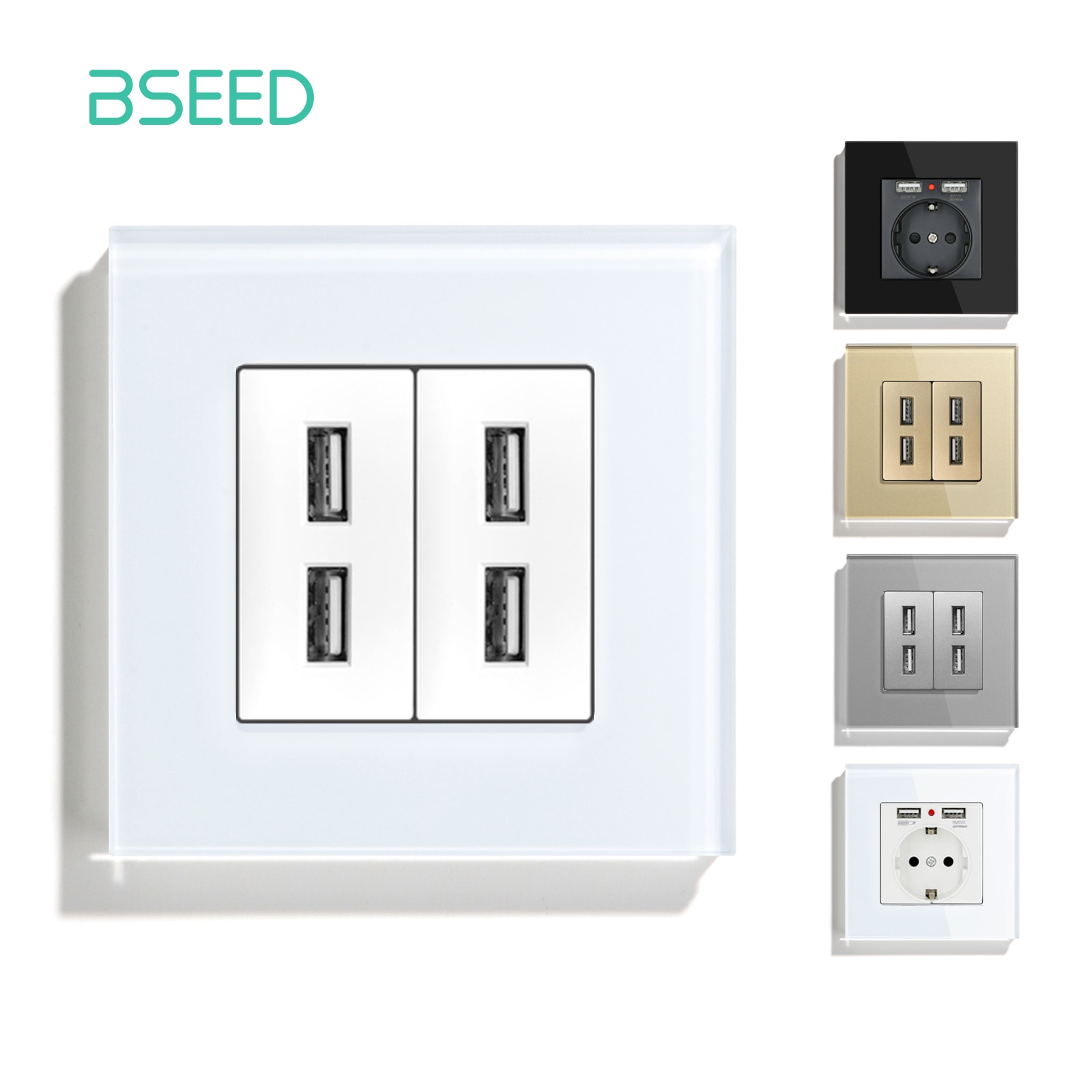 BSEED Double USB Wall Sockets Dual Power Charge Outlets Black Golden White Panel 86mm 5V 1.1A with Led Light