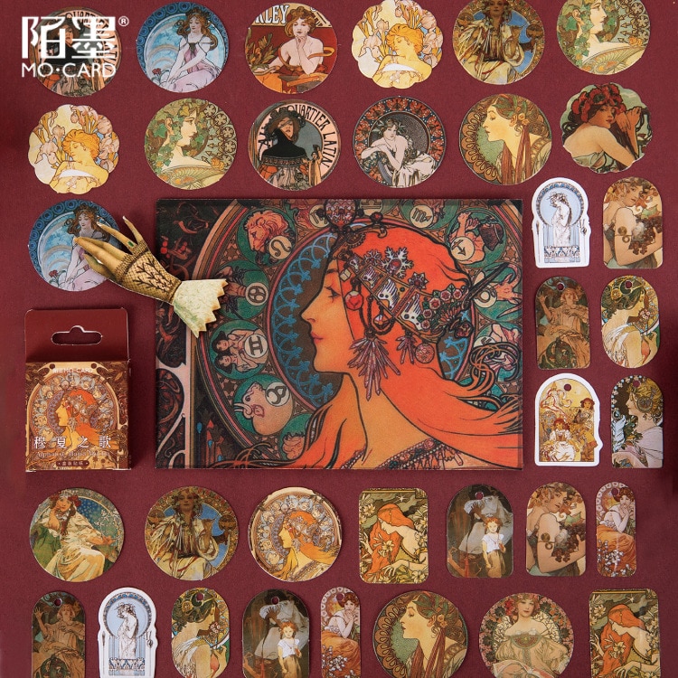 Alphonse Maria Mucha's Song Series Paper Small Diary Mini Cute box Stickers set Scrapbooking Kawaii Flakes Journal Statione