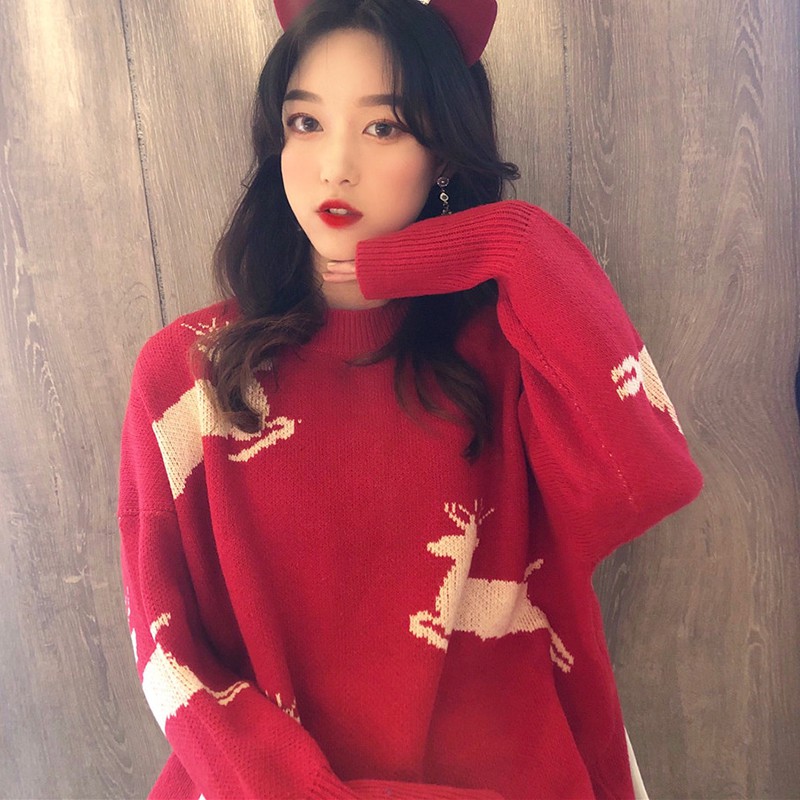 Women Thicken Christmas Cartoon Sweater Ladies Loose Casual Red Knit Pullover Fashion Cotton Sweaters