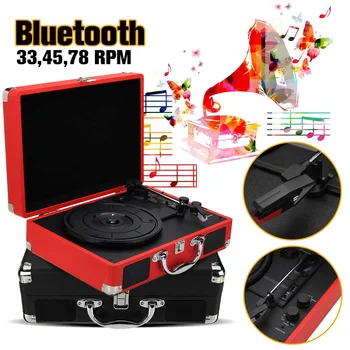 Plastic Wood Retro 33/45/78 RPM bluetooth PH/ INT/ BT 2.0 Suitcase Turntable Vinyl LP Record Phone Player 3-Speed 3.5mm AUX IN