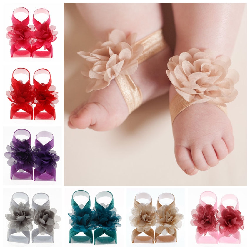 Yundfly 1 Pair Boutique Chiffon Flower Barefoot Sandals for Baby Girls Newborn Photo Props