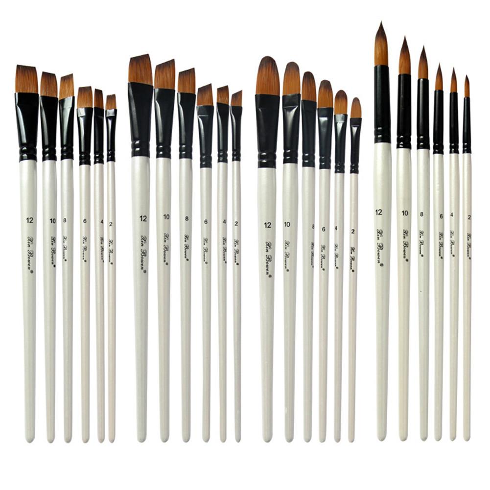 6PCS Pearl White Wooden Pole Bicolor Nylon Hair Watercolor Brush Set Flat Peak Oblique Peak Nail Circle Round Peak Painting Pen