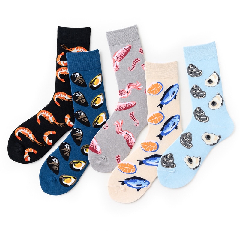 Street Style Men Happy Socks Salmon Shrimp Squid Oyster Animal Man's Hip Hop Cotton Long Socks Christmas Gift