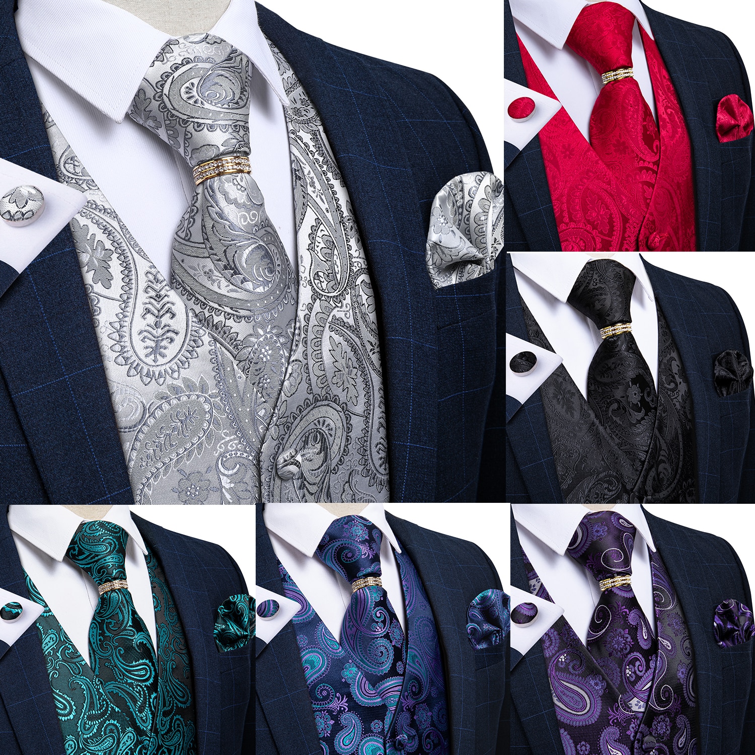Men Vest Tie Set Classic Wedding Paisley Black Gold Paisley Tuxedo Suit Vest Formal Dress Male Waistcoat Sleeveless Vest DiBanGu