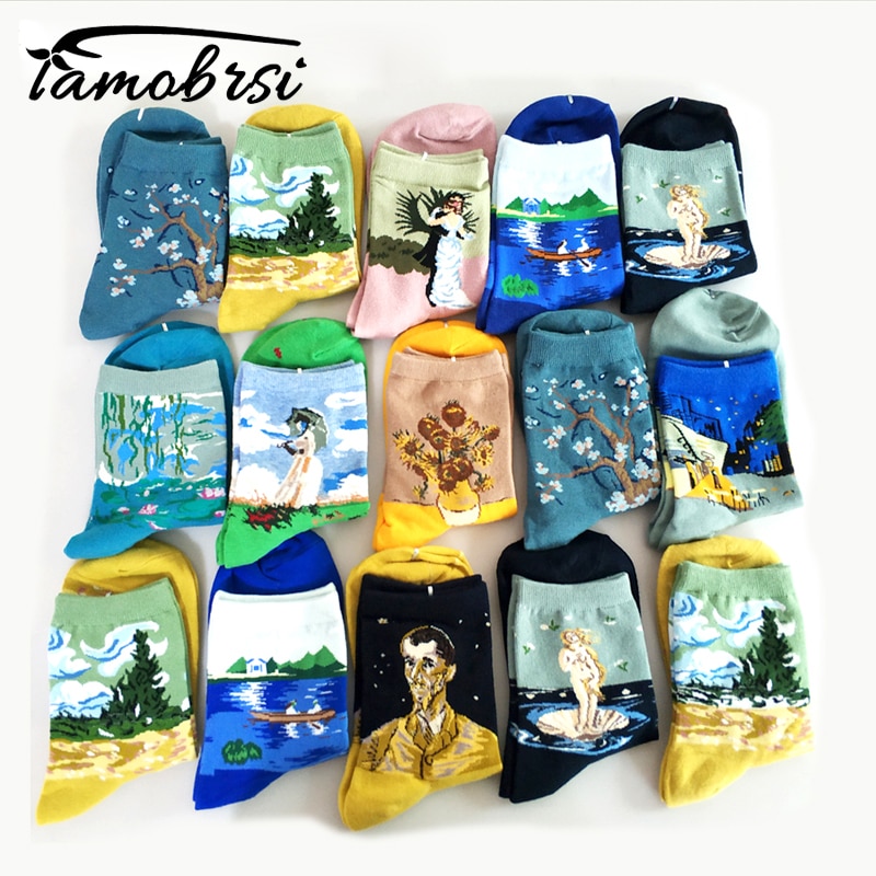 4 Pairs/lot Van Gogh Art Oil Paint Cotton Socks Cartoon Streetwear Kawaii Short Socks Happy Women Warm Funny Cute Socks