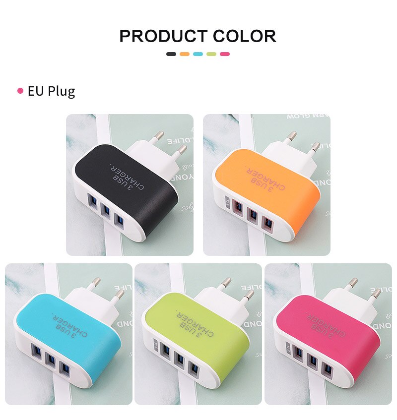 USB Adapter 220V EU Plug Power Adapter 5V 3A 3USB Port Phone Charger Power Source Travel Wall Plug
