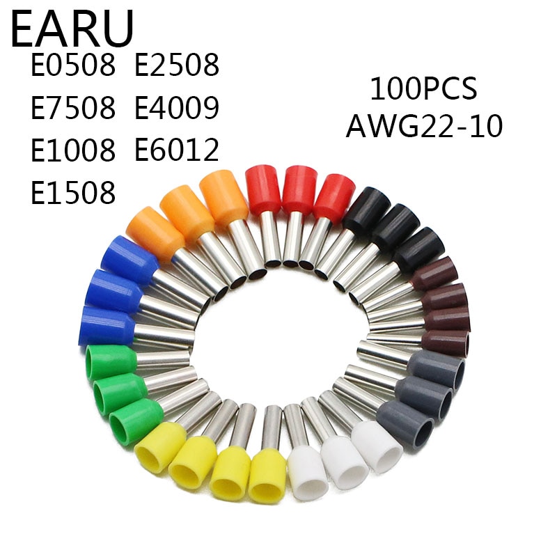 100pcs/Pack E0508 E7508 E1008 E1508 E2508 Insulated Ferrules Terminal Block Cord End Wire Connector Electrical Crimp Terminator