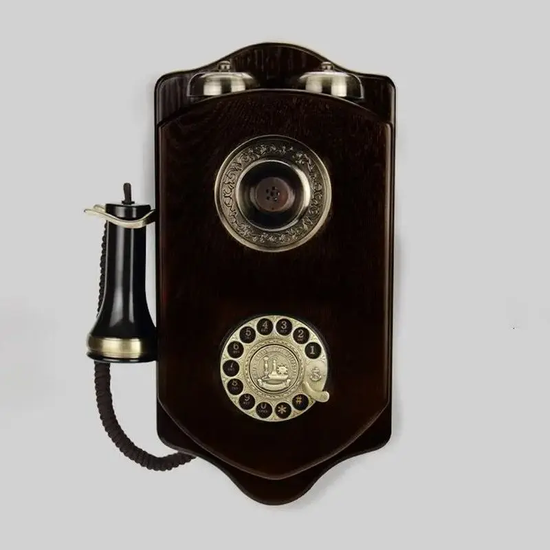 Vintage Antique Corded Wall Phone with Rotary Dial, Mechanical Ringtones, Redial, Wooden Decorative Telephone for Home Bar