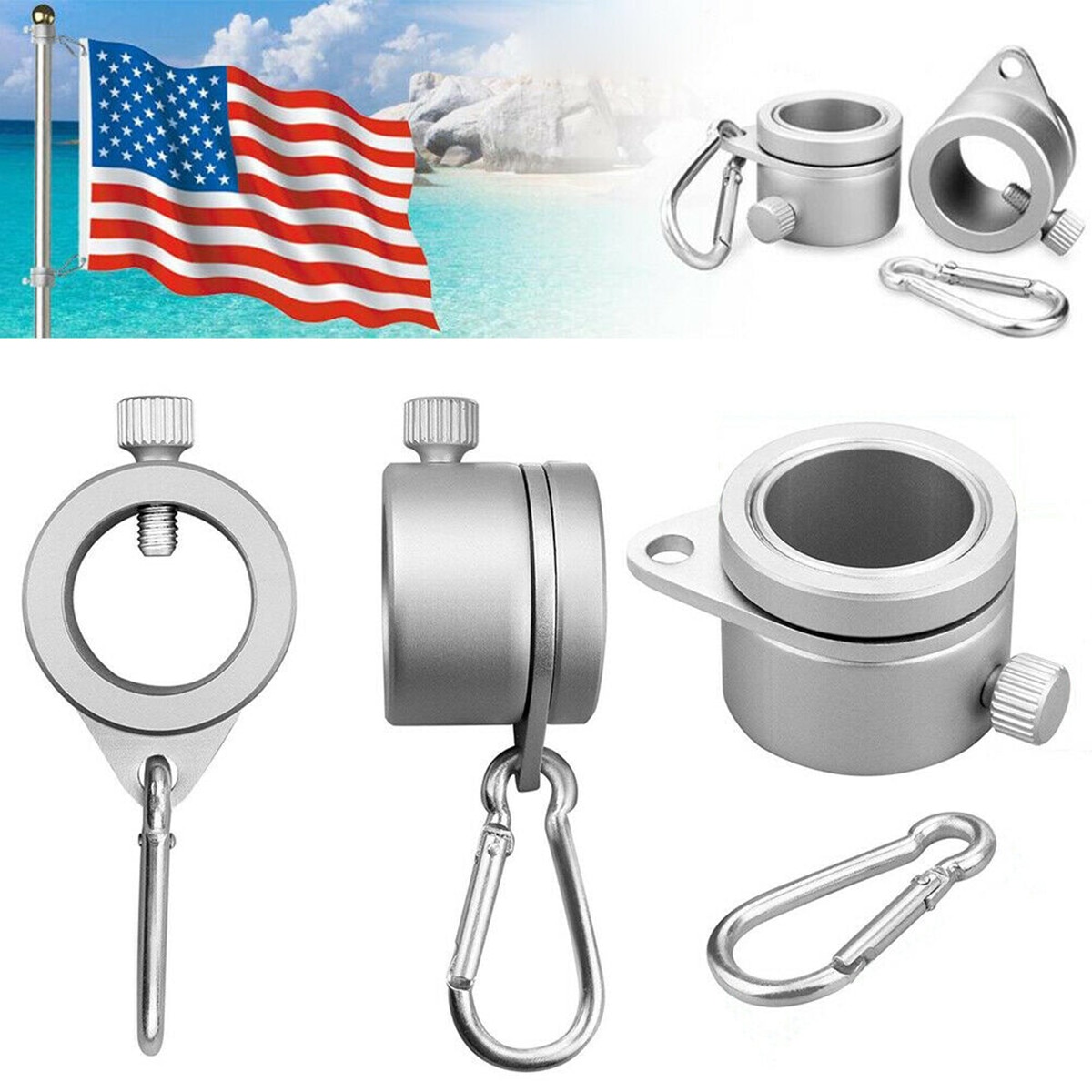 NEW Aluminum Alloy Flag Pole Rings 360 Degree Rotating Flagpole Mounting Rings Kit with Carabiner for 0.75-1.02Inch Flagpole