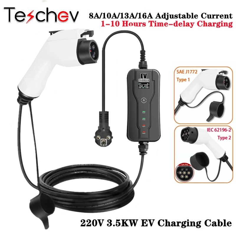 Level 2 Car Portable EV Charger Adjustable 8/10/13/16A SAE J1772 Type 1 IEC62196 Type 2 EVSE Charging Stations For Kia Leaf